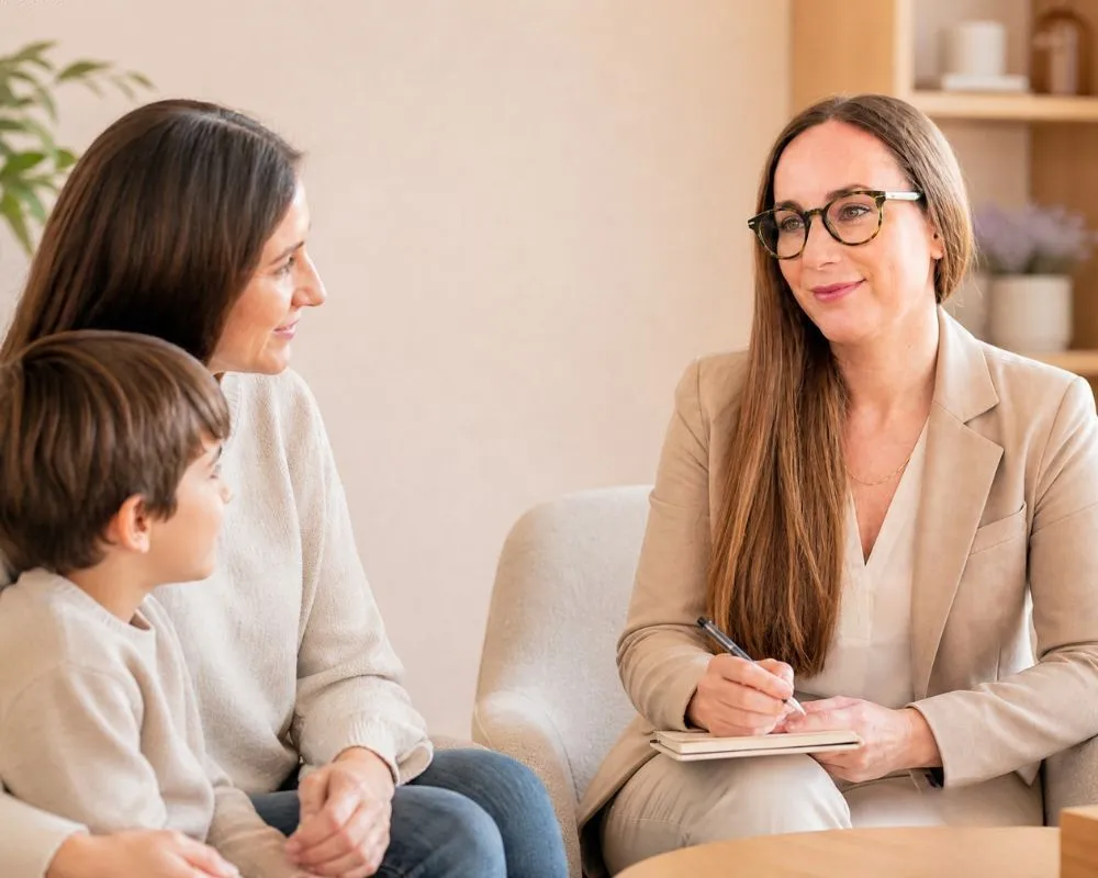 Psicóloga especializada en autismo orientando a familia con niño TEA