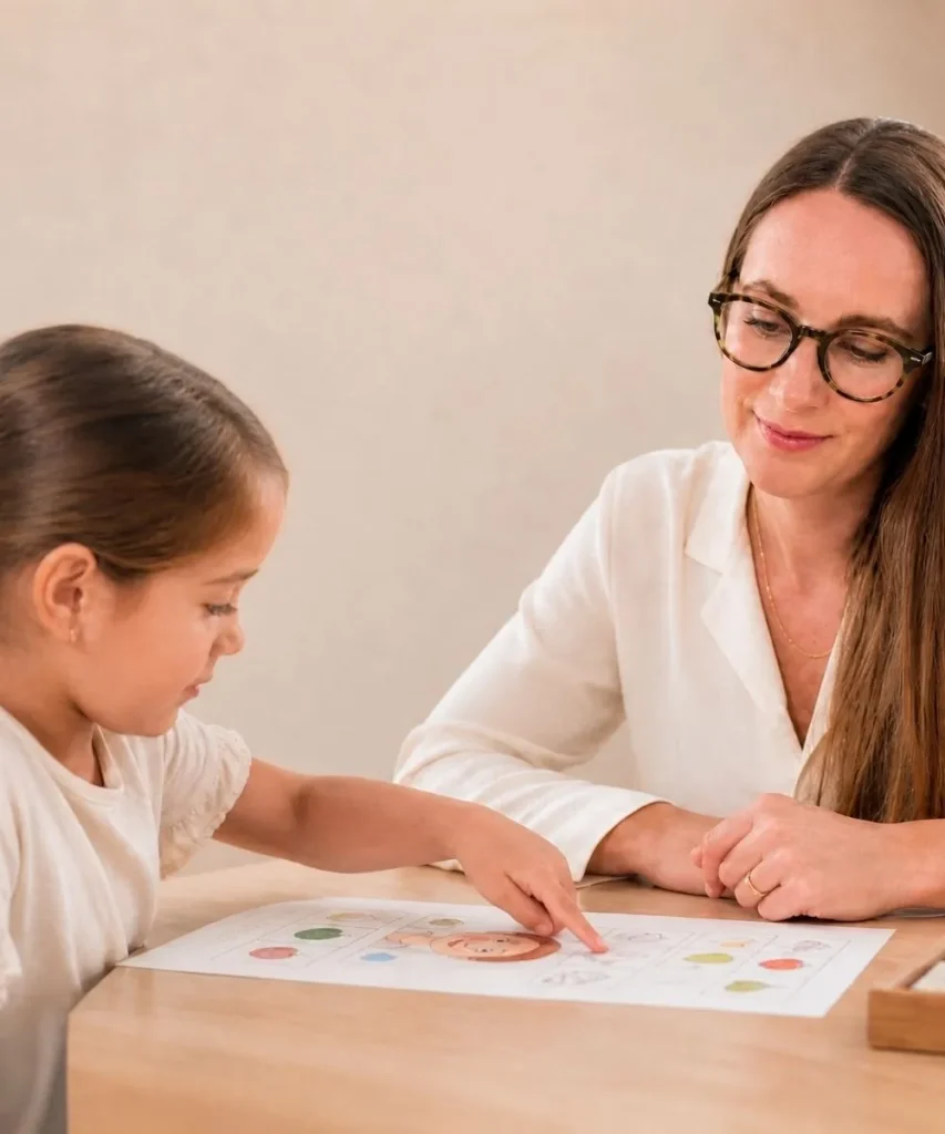Psicóloga especializada en autismo realizando evaluación TEA a niña